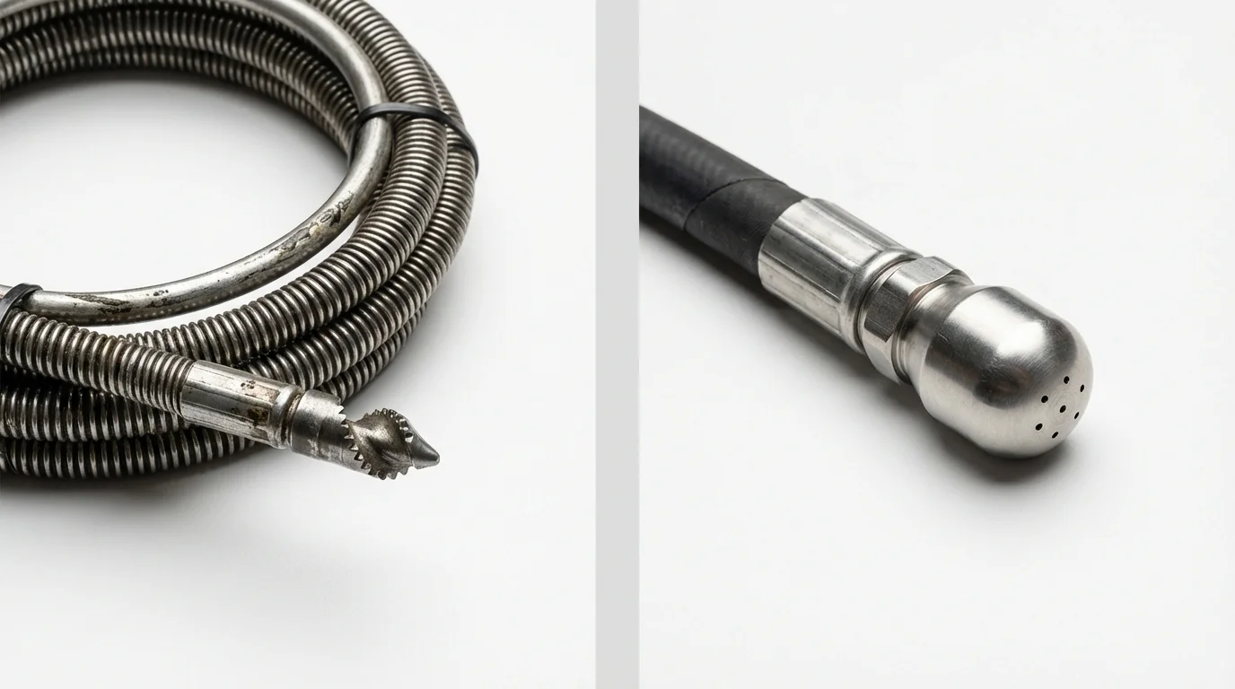 Drain snake cable and hydro jetting nozzle used for drain cleaning in Plainville, MA