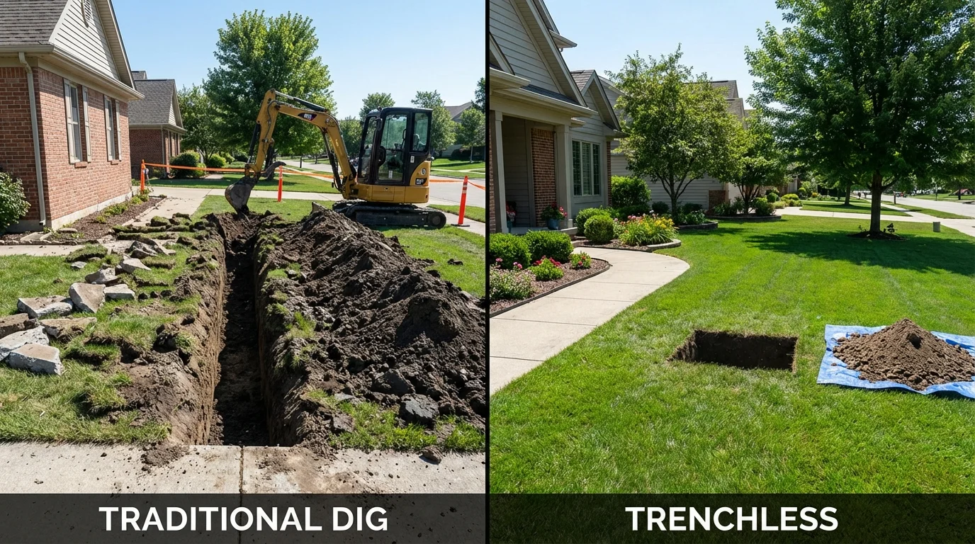 Trenchless sewer repair with minimal yard damage versus traditional excavation in Plainville, MA